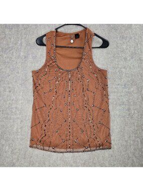BKE Boutique Womens Sleeveless Brown Top Beaded Polyester Small Tunic Tank Style